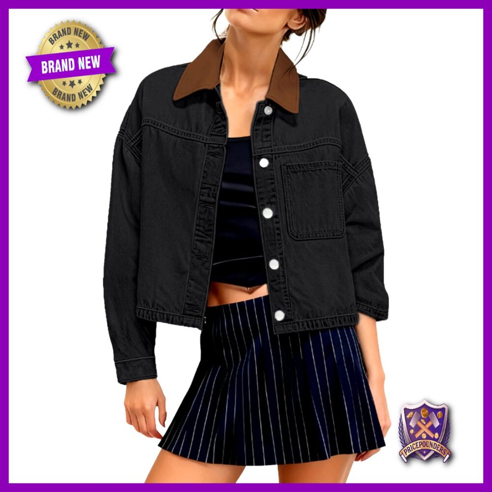Cropped Denim Jacket Oversized Y2k Chic Patchwork Collar Button Front